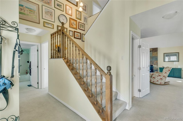 stairway featuring carpet flooring