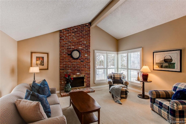 carpeted living area featuring lofted ceiling with beams, a textured ceiling, a fireplace, and baseboards