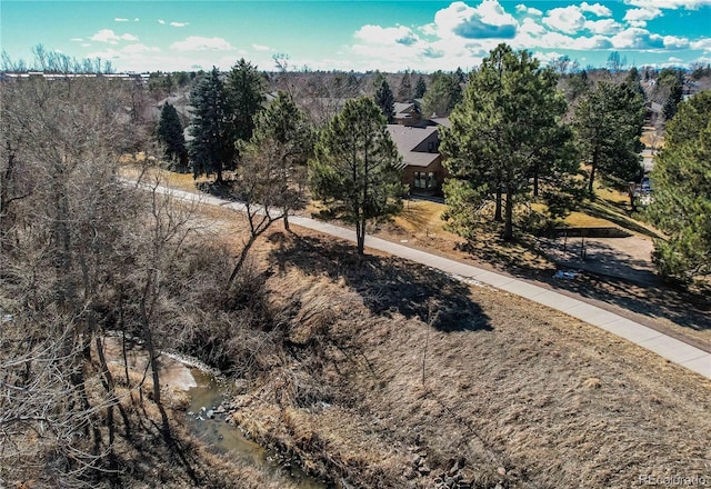 aerial view featuring a wooded view