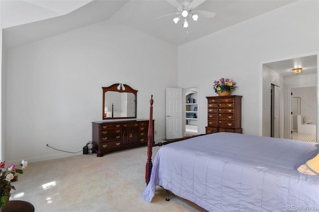2032 W Nantucket Ct, Littleton, CO 80120 - carpeted bedroom with high vaulted ceiling, baseboards, a ceiling fan, and connected bathroom