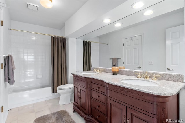 2032 W Nantucket Ct, Littleton, CO 80120 - bathroom with toilet, shower / bath combination with curtain, double vanity, and recessed lighting