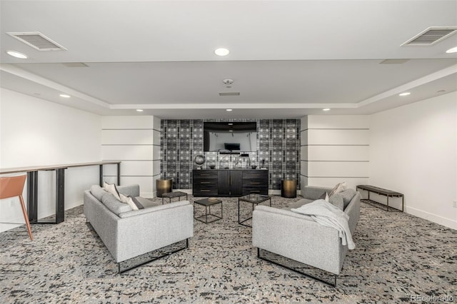 1700 Bassett St Unit 1014, Denver, CO 80202 - living room featuring a raised ceiling, recessed lighting, and carpet floors