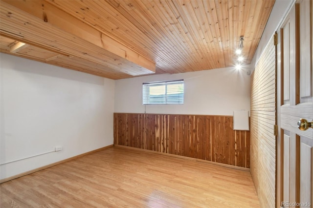 spare room with wood finished floors, wood ceiling, wood walls, and wainscoting