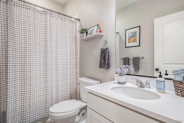 bathroom featuring toilet, vanity, and a shower with shower curtain