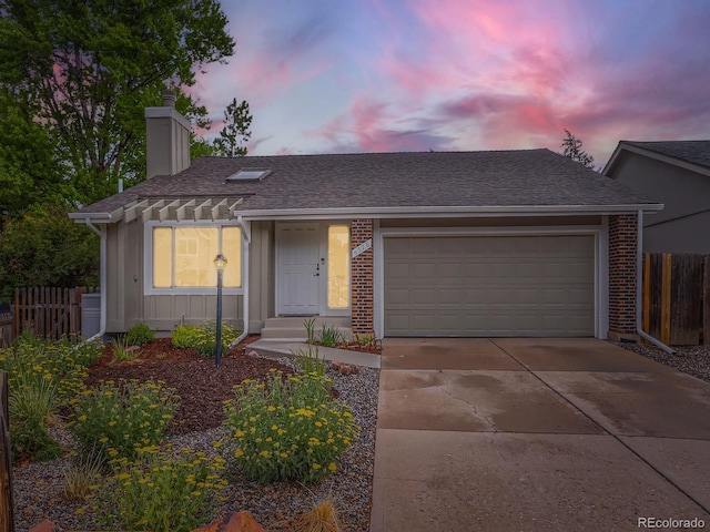 6378 S Emporia Cir, Englewood, CO 80111 - single story home with brick siding, a chimney, board and batten siding, roof with shingles, and a garage