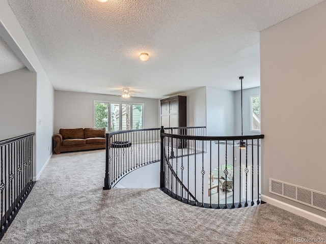 19098 E Ida Dr, Aurora, CO 80015 - hallway featuring carpet flooring, an upstairs landing, a textured ceiling, and baseboards