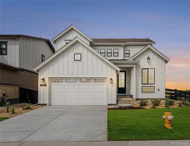 8863 Springsong Ln, Littleton, CO 80125 - modern farmhouse with board and batten siding, driveway, an attached garage, and a shingled roof