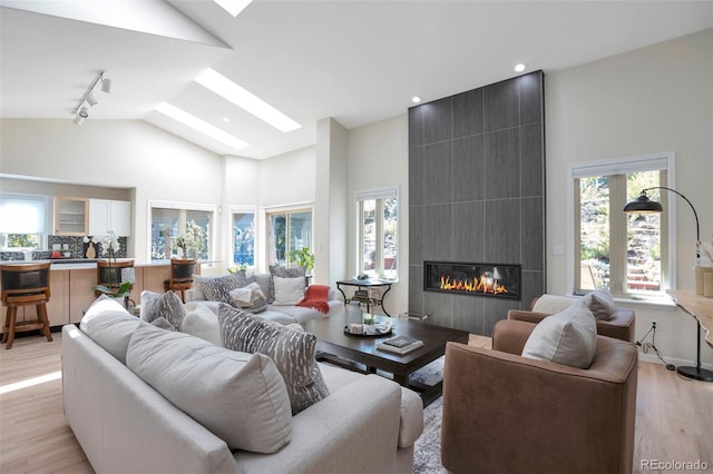 living room featuring a fireplace, light wood-type flooring, high vaulted ceiling, and rail lighting