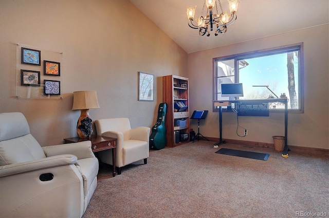 1100 Pinon Dr, Poncha Springs, CO 81242 - living area featuring an inviting chandelier, baseboards, carpet flooring, and lofted ceiling