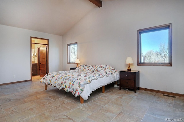 1100 Pinon Dr, Poncha Springs, CO 81242 - bedroom with beamed ceiling, high vaulted ceiling, stone finish floor, visible vents, and baseboards