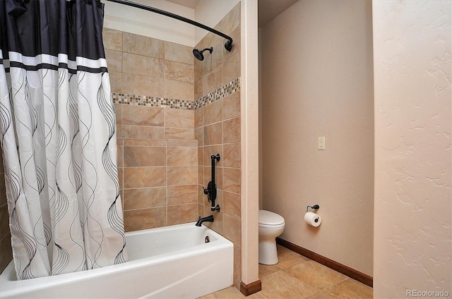 1100 Pinon Dr, Poncha Springs, CO 81242 - bathroom with toilet, shower / bathtub combination with curtain, baseboards, and tile patterned flooring