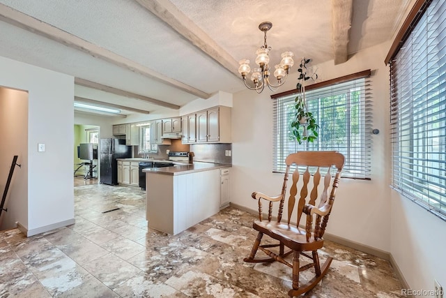 kitchen featuring plenty of natural light, black appliances, and beamed ceiling
