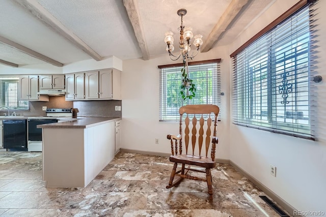 kitchen featuring white electric range, decorative light fixtures, dishwasher, beamed ceiling, and decorative backsplash