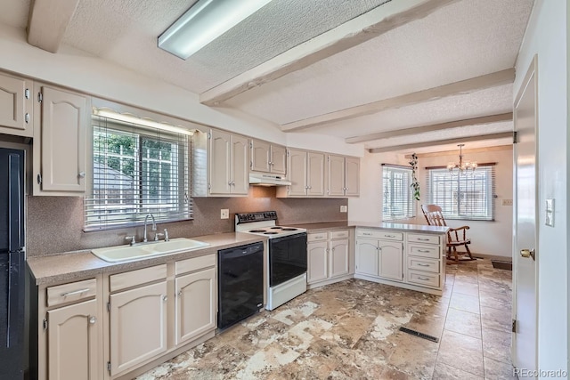 kitchen with white electric range, sink, hanging light fixtures, black dishwasher, and beamed ceiling