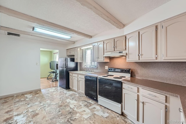 kitchen with sink, backsplash, beam ceiling, black appliances, and a textured ceiling