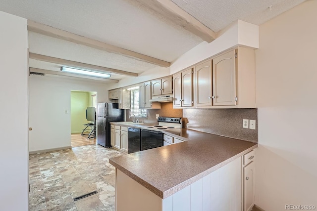 kitchen with beamed ceiling, sink, decorative backsplash, black appliances, and a textured ceiling