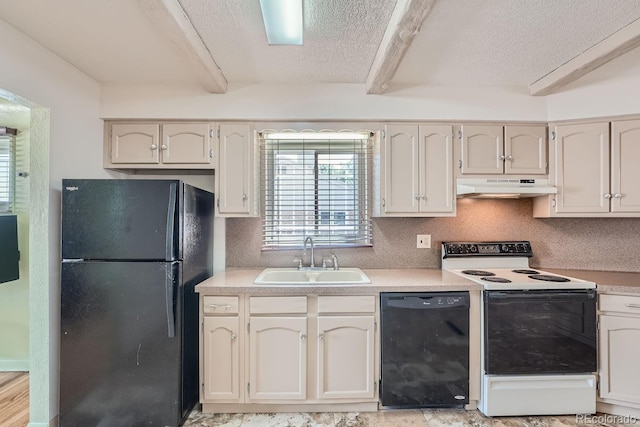 kitchen with beamed ceiling, backsplash, sink, and black appliances