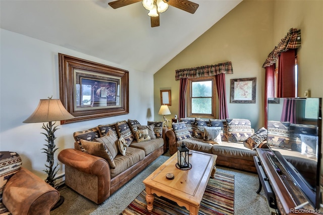 living room with ceiling fan, carpet floors, and high vaulted ceiling