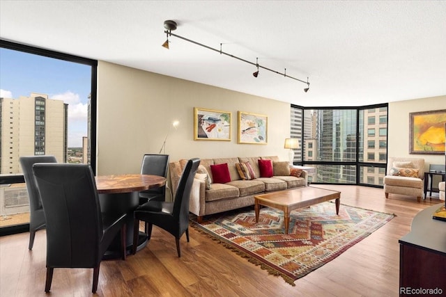 1625 Larimer St Unit 1605, Denver, CO 80202 - living room featuring expansive windows, wood finished floors, and track lighting