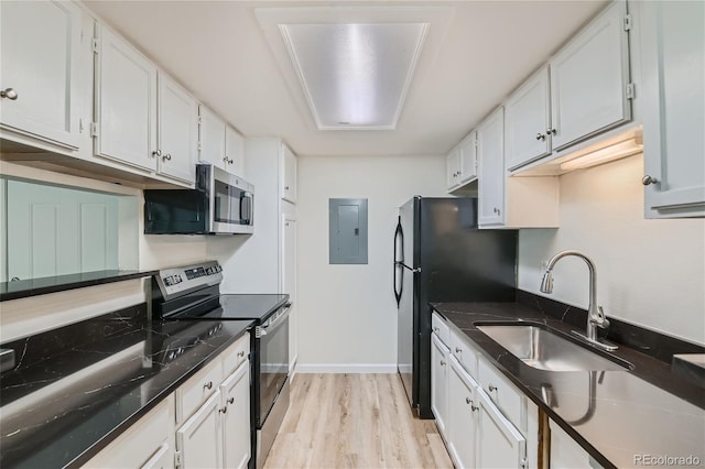 kitchen with appliances with stainless steel finishes, light wood-type flooring, white cabinets, and electric panel