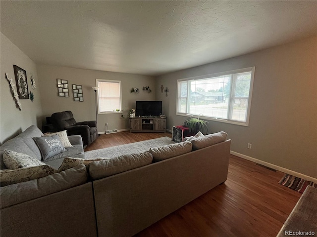 living room featuring wood-type flooring and a textured ceiling