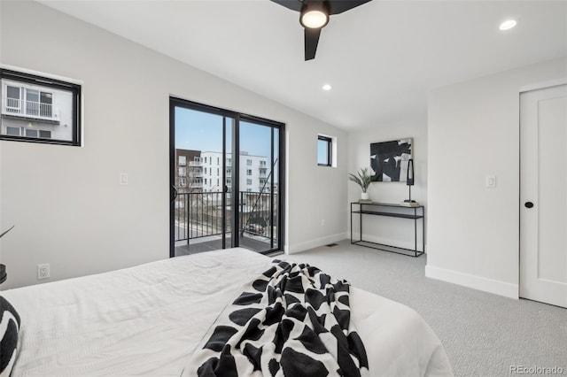 bedroom featuring vaulted ceiling, light carpet, access to exterior, and ceiling fan