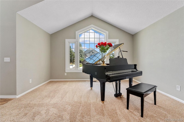 living area featuring vaulted ceiling, carpet floors, a textured ceiling, and baseboards