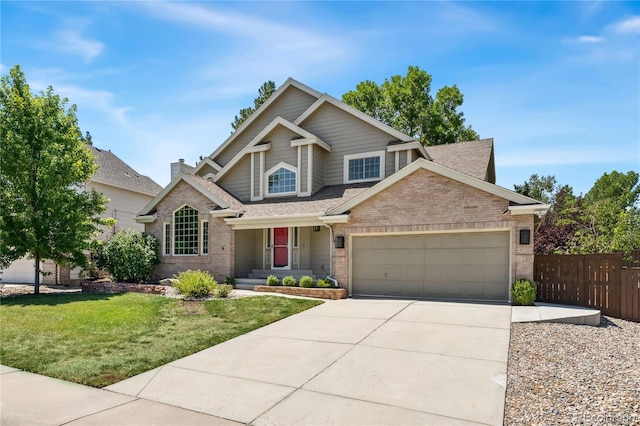 view of front of property with a garage, brick siding, fence, and driveway