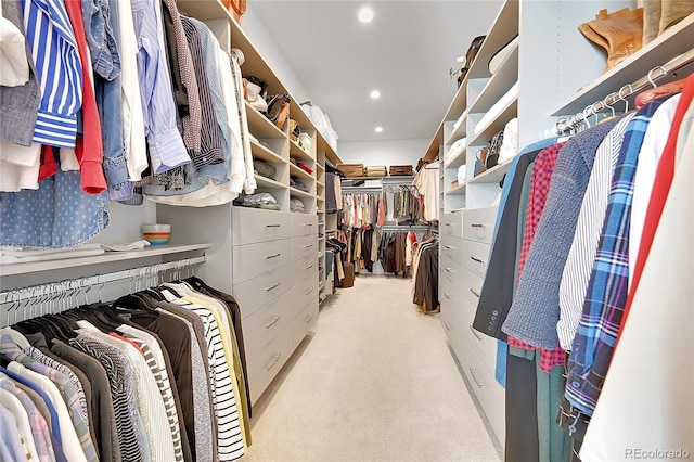 walk in closet with light colored carpet