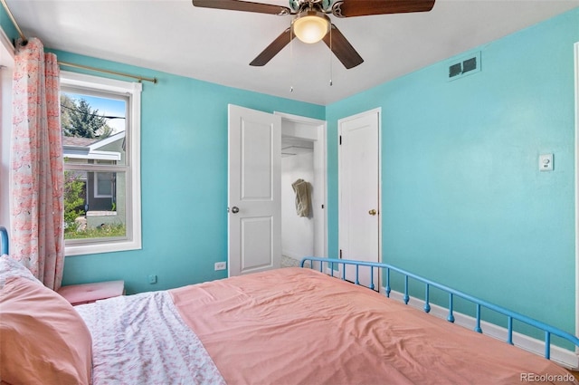 bedroom with visible vents and ceiling fan
