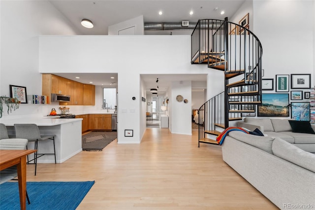 living room featuring a high ceiling and light wood-type flooring