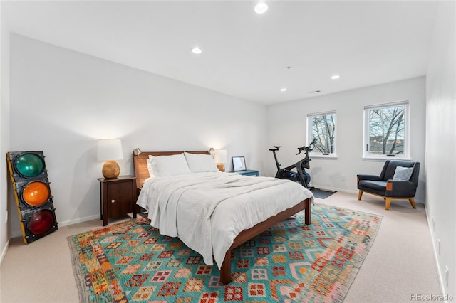 bedroom with light carpet