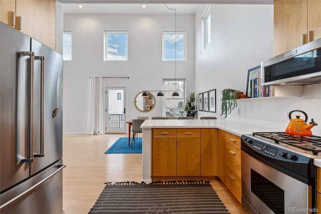 kitchen featuring hanging light fixtures, light hardwood / wood-style flooring, appliances with stainless steel finishes, kitchen peninsula, and a high ceiling