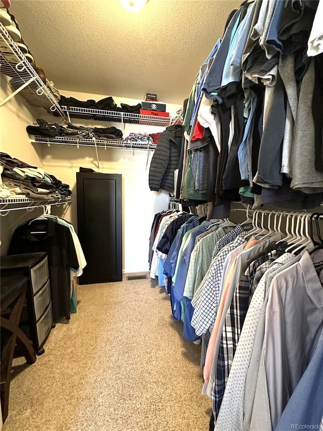 walk in closet with light carpet
