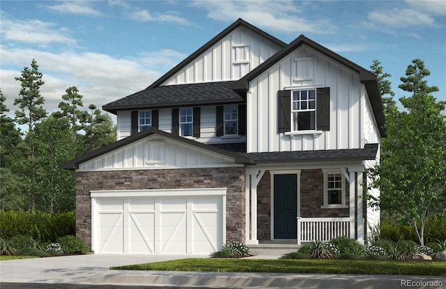 15446 Krameria St, Thornton, CO 80602 - view of front facade with board and batten siding, a porch, concrete driveway, stone siding, and roof with shingles