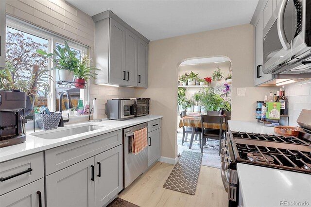 kitchen with sink, light wood-type flooring, gray cabinets, stainless steel appliances, and backsplash