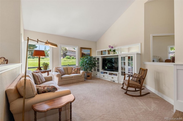 10 Oakmont Ln, Littleton, CO 80127 - living room featuring high vaulted ceiling and carpet floors