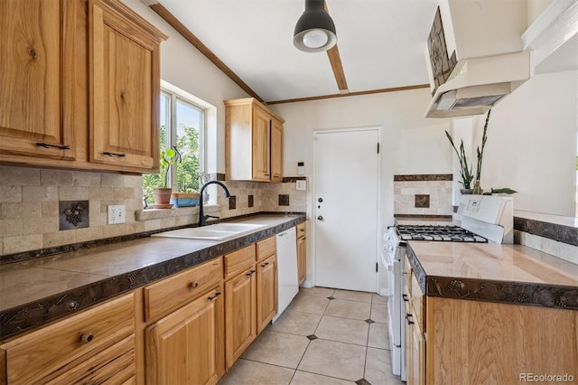 1497 S Garfield St, Denver, CO 80210 - kitchen with white appliances, backsplash, crown molding, light tile patterned flooring, and custom exhaust hood