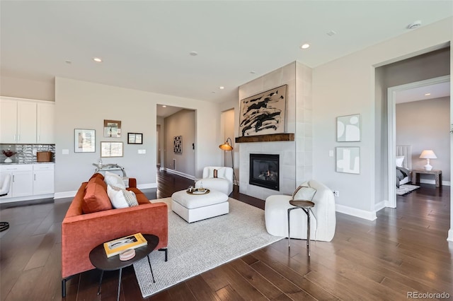 living room featuring a large fireplace and dark hardwood / wood-style floors