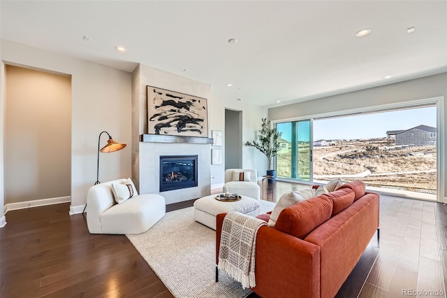 living room with a large fireplace and dark hardwood / wood-style flooring