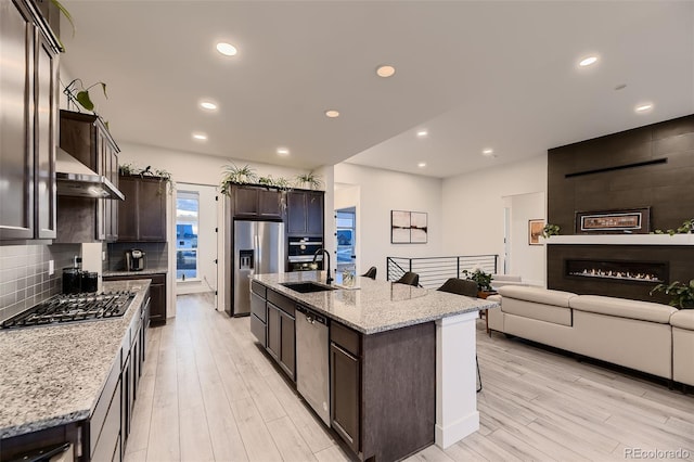 8868 Geyser Peak Way, Parker, CO 80138 - kitchen featuring a sink, stainless steel appliances, dark brown cabinetry, light wood finished floors, and decorative backsplash