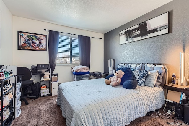 carpeted bedroom with a textured ceiling