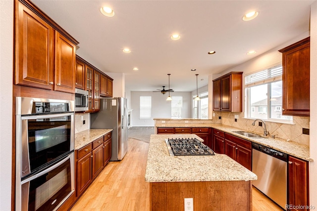 kitchen featuring a peninsula, a center island, a sink, light wood-style floors, and appliances with stainless steel finishes