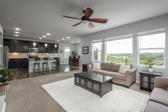 4025 Trail Stone Cir, Castle Rock, CO 80108 - living room featuring recessed lighting, a ceiling fan, and wood finished floors