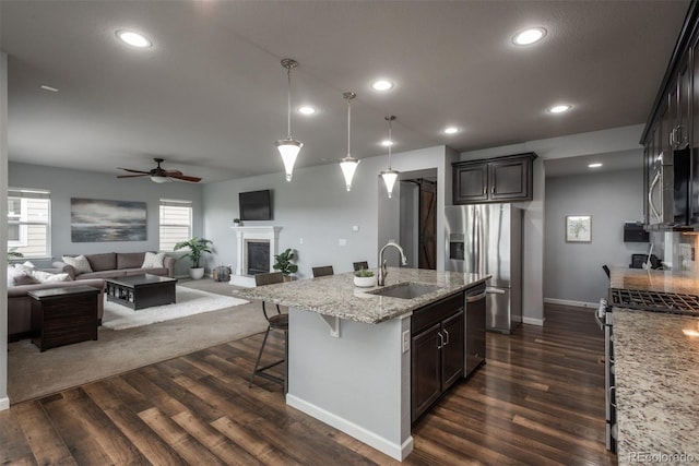 4025 Trail Stone Cir, Castle Rock, CO 80108 - kitchen with stainless steel appliances, ceiling fan, dark wood-style flooring, open floor plan, and recessed lighting