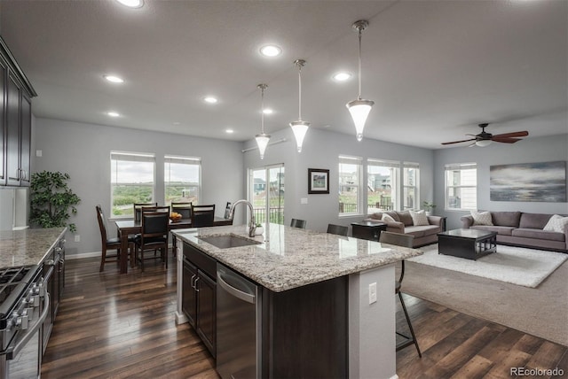 4025 Trail Stone Cir, Castle Rock, CO 80108 - kitchen featuring stainless steel appliances, recessed lighting, plenty of natural light, ceiling fan, and light stone countertops