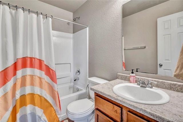 full bathroom with vanity, toilet, and shower / bathtub combination with curtain