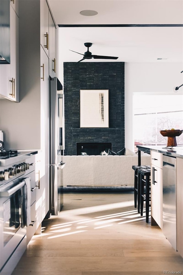 kitchen with appliances with stainless steel finishes, a ceiling fan, and wood finished floors