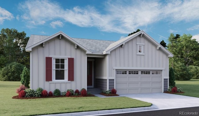 view of front of house with board and batten siding, a front yard, and an attached garage