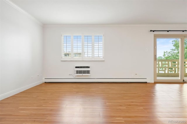 695 S Alton Way Unit 9C, Denver, CO 80247 - unfurnished room featuring crown molding, a wall mounted air conditioner, light wood-style flooring, and baseboard heating